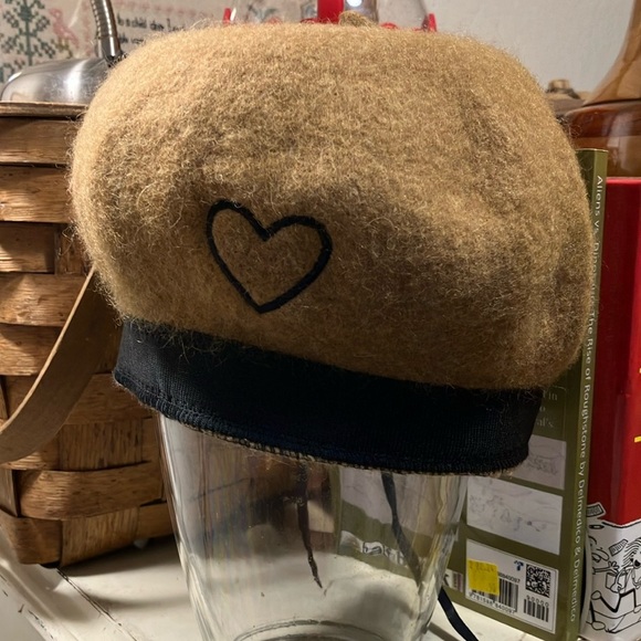 Hand Crafted Accessories - Wool beret /  hat with embroidered heart and ribbon